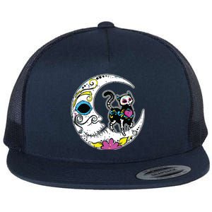 Sugar Skull Cat Moon Dia De Los Muertos Mexican Day Of Dead Flat Bill Trucker Hat