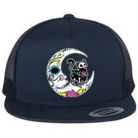 Sugar Skull Cat Moon Dia De Los Muertos Mexican Day Of Dead Flat Bill Trucker Hat