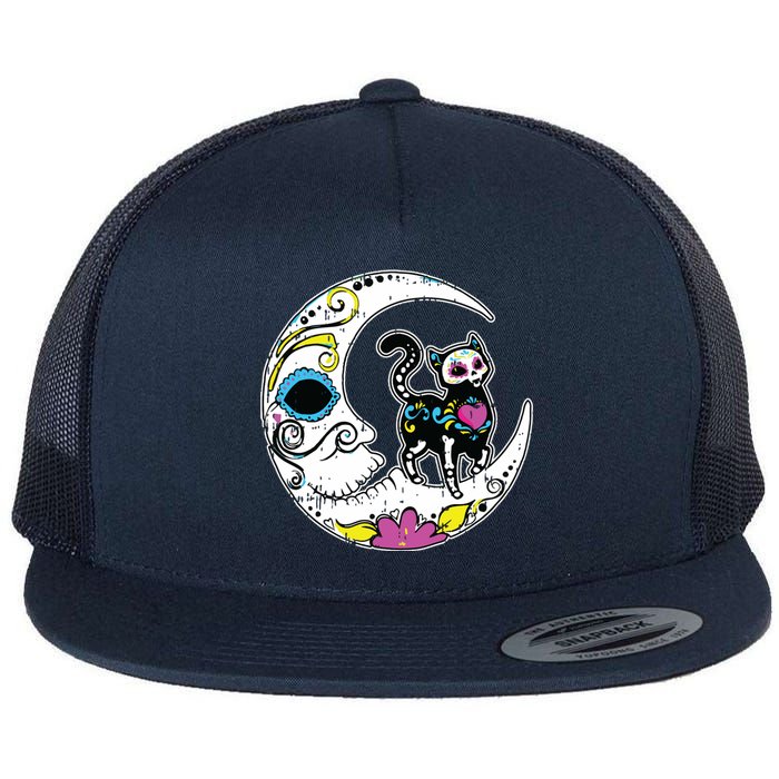 Sugar Skull Cat Moon Dia De Los Muertos Mexican Day Of Dead Flat Bill Trucker Hat