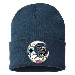 Sugar Skull Cat Moon Dia De Los Muertos Mexican Day Of Dead Sustainable Knit Beanie