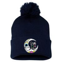 Sugar Skull Cat Moon Dia De Los Muertos Mexican Day Of Dead Pom Pom 12in Knit Beanie