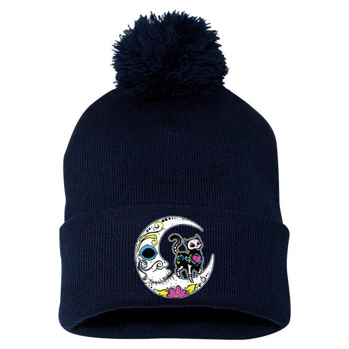 Sugar Skull Cat Moon Dia De Los Muertos Mexican Day Of Dead Pom Pom 12in Knit Beanie