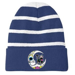 Sugar Skull Cat Moon Dia De Los Muertos Mexican Day Of Dead Striped Beanie with Solid Band