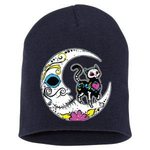 Sugar Skull Cat Moon Dia De Los Muertos Mexican Day Of Dead Short Acrylic Beanie