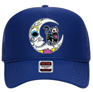 Sugar Skull Cat Moon Dia De Los Muertos Mexican Day Of Dead High Crown Mesh Back Trucker Hat