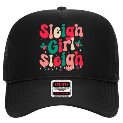 Sleigh Sleigh Christmas Retro Xmas Holiday High Crown Mesh Back Trucker Hat