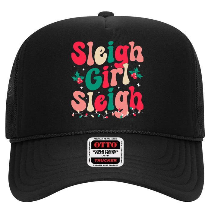 Sleigh Sleigh Christmas Retro Xmas Holiday High Crown Mesh Back Trucker Hat