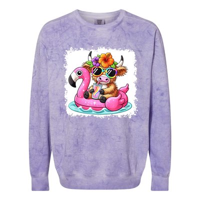 Sweet Summer Cute Highland Cow Flamingo Float Beach Vibes Gift Colorblast Crewneck Sweatshirt