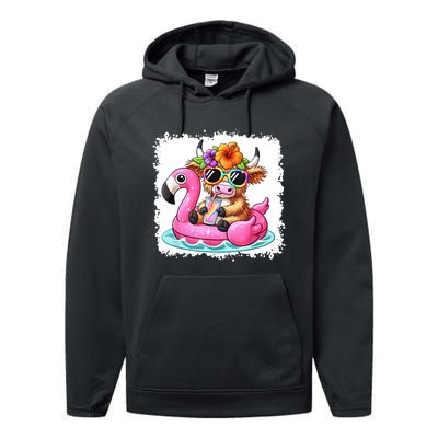 Sweet Summer Cute Highland Cow Flamingo Float Beach Vibes Gift Performance Fleece Hoodie