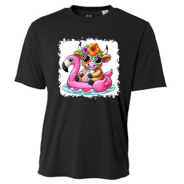 Sweet Summer Cute Highland Cow Flamingo Float Beach Vibes Gift Cooling Performance Crew T-Shirt