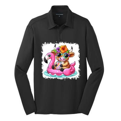 Sweet Summer Cute Highland Cow Flamingo Float Beach Vibes Gift Silk Touch Performance Long Sleeve Polo