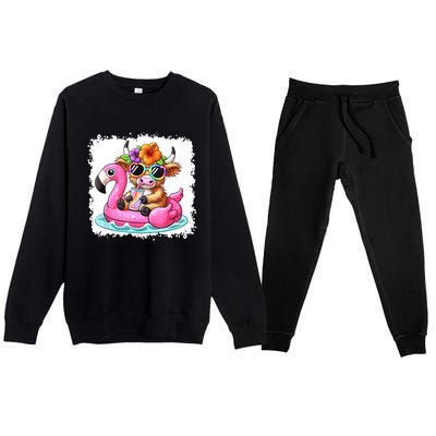 Sweet Summer Cute Highland Cow Flamingo Float Beach Vibes Gift Premium Crewneck Sweatsuit Set