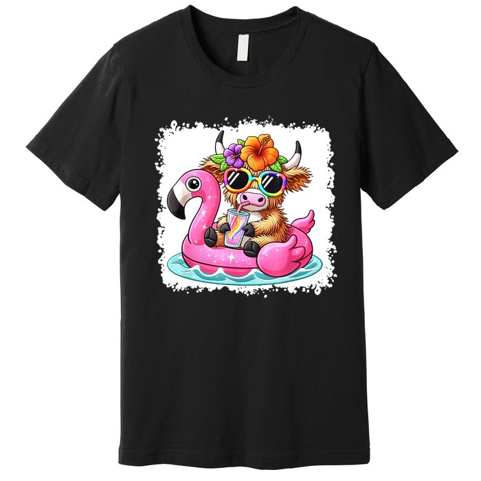 Sweet Summer Cute Highland Cow Flamingo Float Beach Vibes Gift Premium T-Shirt