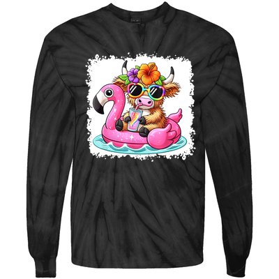 Sweet Summer Cute Highland Cow Flamingo Float Beach Vibes Gift Tie-Dye Long Sleeve Shirt