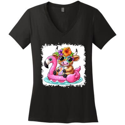 Sweet Summer Cute Highland Cow Flamingo Float Beach Vibes Gift Women's V-Neck T-Shirt