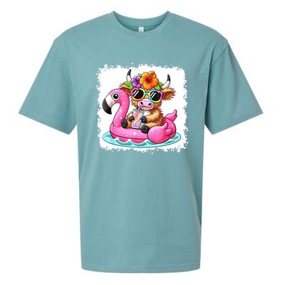 Sweet Summer Cute Highland Cow Flamingo Float Beach Vibes Gift Sueded Cloud Jersey T-Shirt