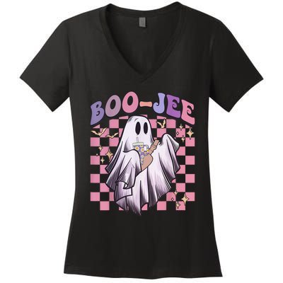 Spooky Season Cute Groovy Ghost Halloween Costume Boo Jee Women's V-Neck T-Shirt