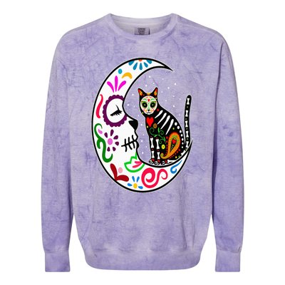 Sugar Skull Cat Moon Dia De Los Muertos Mexican Day of Dead Colorblast Crewneck Sweatshirt