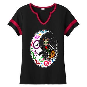 Sugar Skull Cat Moon Dia De Los Muertos Mexican Day of Dead Ladies Halftime Notch Neck Tee