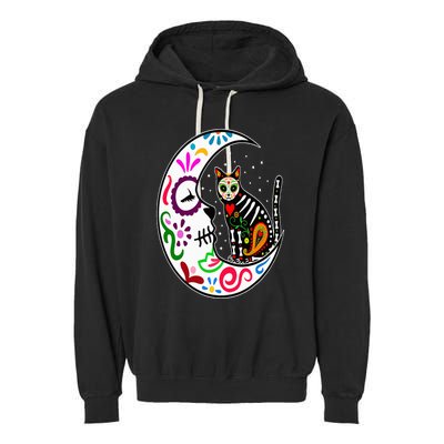 Sugar Skull Cat Moon Dia De Los Muertos Mexican Day of Dead Garment-Dyed Fleece Hoodie