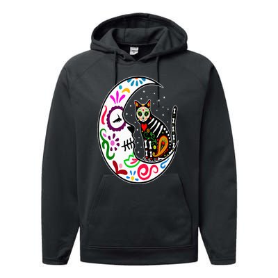 Sugar Skull Cat Moon Dia De Los Muertos Mexican Day of Dead Performance Fleece Hoodie