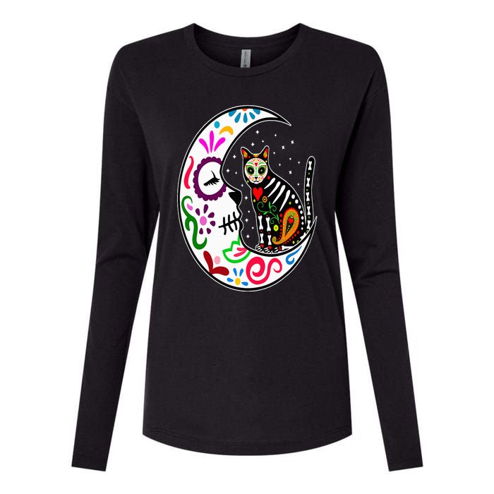 Sugar Skull Cat Moon Dia De Los Muertos Mexican Day of Dead Womens Cotton Relaxed Long Sleeve T-Shirt