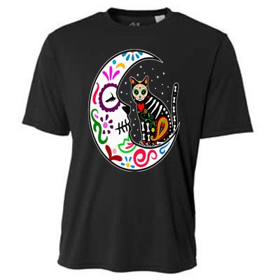 Sugar Skull Cat Moon Dia De Los Muertos Mexican Day of Dead Cooling Performance Crew T-Shirt