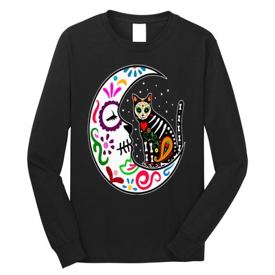 Sugar Skull Cat Moon Dia De Los Muertos Mexican Day of Dead Long Sleeve Shirt