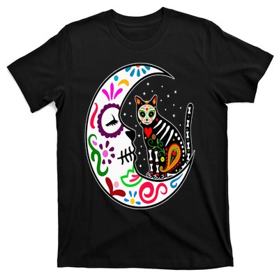 Sugar Skull Cat Moon Dia De Los Muertos Mexican Day of Dead T-Shirt