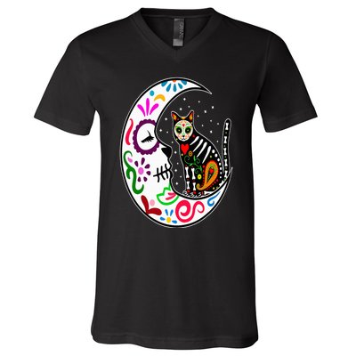 Sugar Skull Cat Moon Dia De Los Muertos Mexican Day of Dead V-Neck T-Shirt