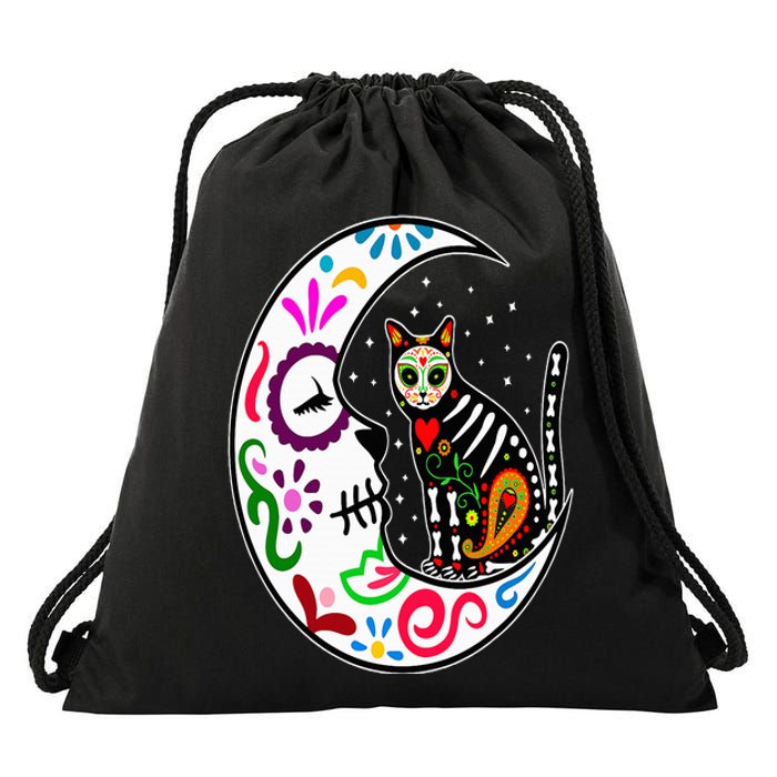 Sugar Skull Cat Moon Dia De Los Muertos Mexican Day of Dead Drawstring Bag