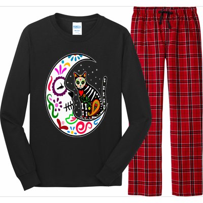 Sugar Skull Cat Moon Dia De Los Muertos Mexican Day of Dead Long Sleeve Pajama Set