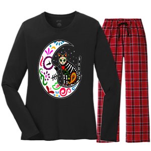 Sugar Skull Cat Moon Dia De Los Muertos Mexican Day of Dead Women's Long Sleeve Flannel Pajama Set 