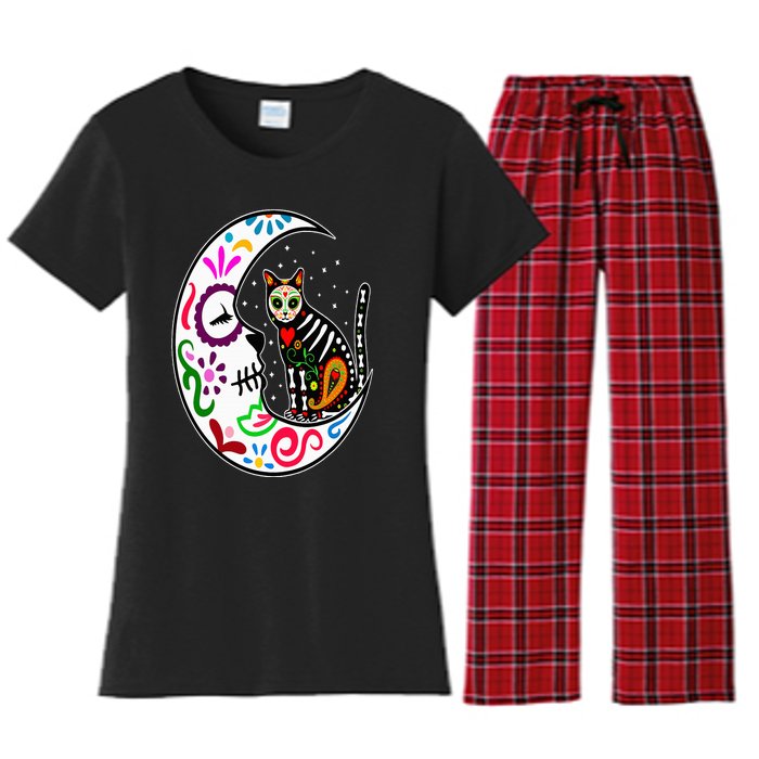 Sugar Skull Cat Moon Dia De Los Muertos Mexican Day of Dead Women's Flannel Pajama Set