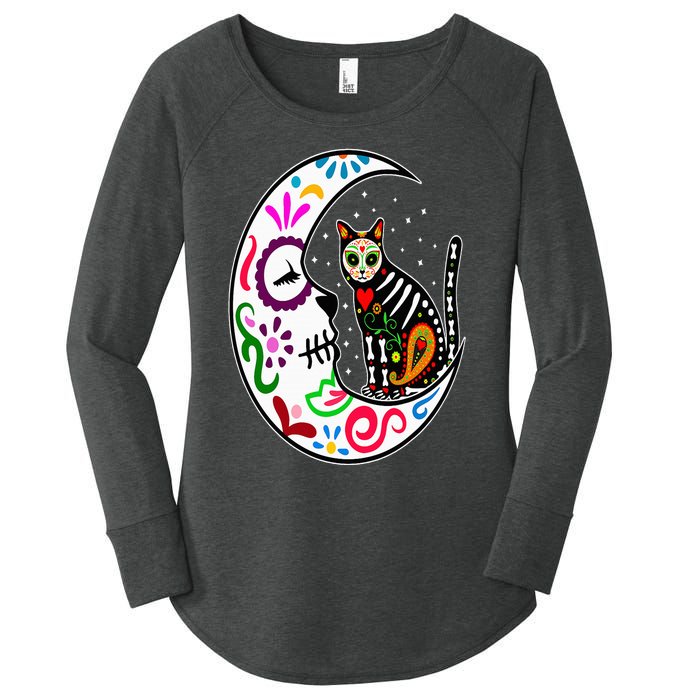 Sugar Skull Cat Moon Dia De Los Muertos Mexican Day of Dead Women's Perfect Tri Tunic Long Sleeve Shirt