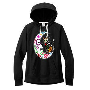 Sugar Skull Cat Moon Dia De Los Muertos Mexican Day of Dead Women's Fleece Hoodie