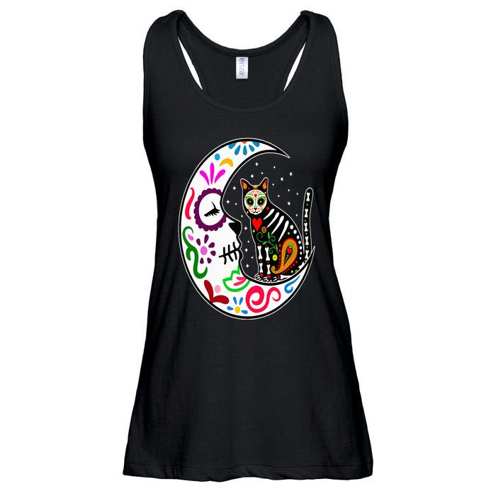 Sugar Skull Cat Moon Dia De Los Muertos Mexican Day of Dead Ladies Essential Flowy Tank