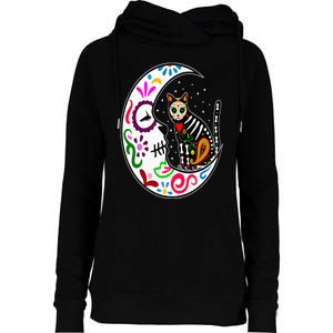 Sugar Skull Cat Moon Dia De Los Muertos Mexican Day of Dead Womens Funnel Neck Pullover Hood