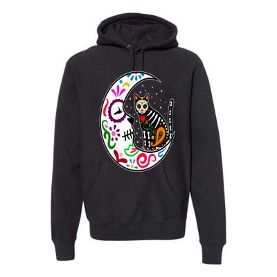 Sugar Skull Cat Moon Dia De Los Muertos Mexican Day of Dead Premium Hoodie