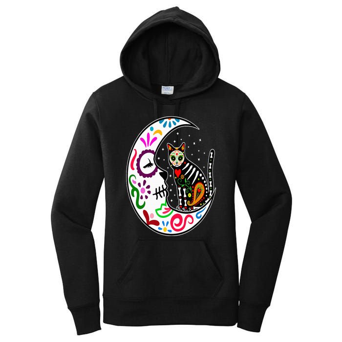 Sugar Skull Cat Moon Dia De Los Muertos Mexican Day of Dead Women's Pullover Hoodie