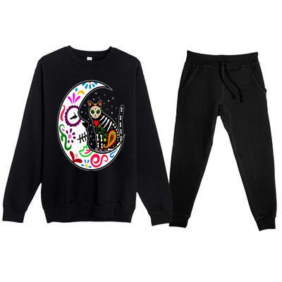 Sugar Skull Cat Moon Dia De Los Muertos Mexican Day of Dead Premium Crewneck Sweatsuit Set