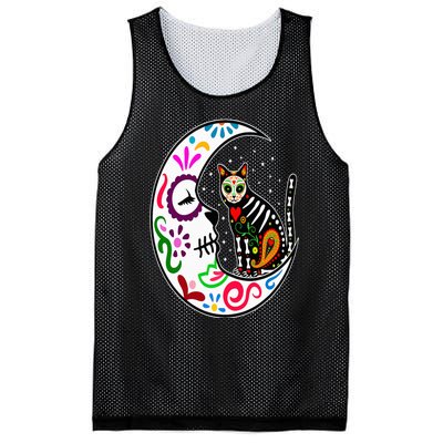 Sugar Skull Cat Moon Dia De Los Muertos Mexican Day of Dead Mesh Reversible Basketball Jersey Tank