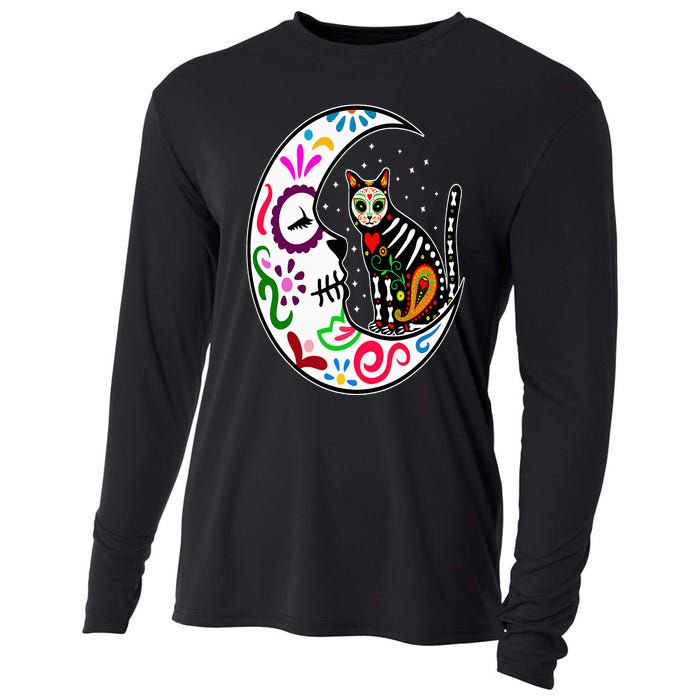 Sugar Skull Cat Moon Dia De Los Muertos Mexican Day of Dead Cooling Performance Long Sleeve Crew