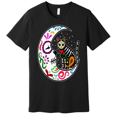 Sugar Skull Cat Moon Dia De Los Muertos Mexican Day of Dead Premium T-Shirt