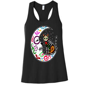 Sugar Skull Cat Moon Dia De Los Muertos Mexican Day of Dead Women's Racerback Tank