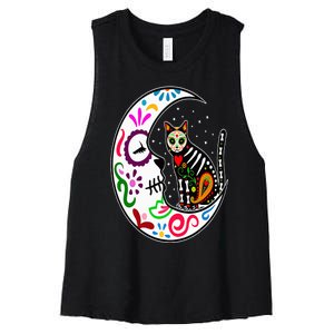 Sugar Skull Cat Moon Dia De Los Muertos Mexican Day of Dead Women's Racerback Cropped Tank