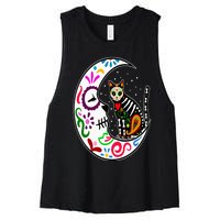 Sugar Skull Cat Moon Dia De Los Muertos Mexican Day of Dead Women's Racerback Cropped Tank