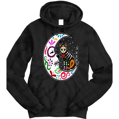 Sugar Skull Cat Moon Dia De Los Muertos Mexican Day of Dead Tie Dye Hoodie