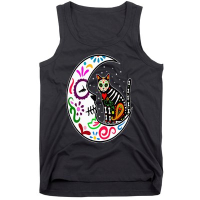 Sugar Skull Cat Moon Dia De Los Muertos Mexican Day of Dead Tank Top