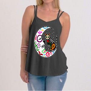 Sugar Skull Cat Moon Dia De Los Muertos Mexican Day of Dead Women's Strappy Tank